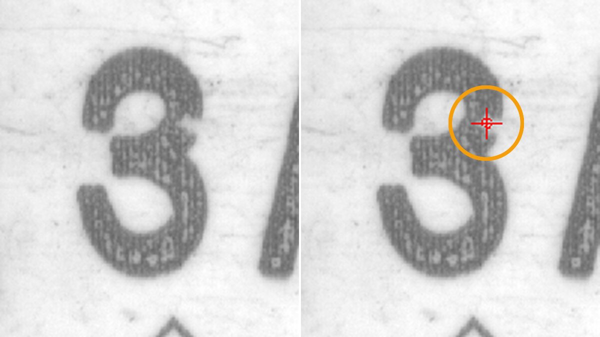 保險絲管上同一個移印字元「3」的良品與不良品對照，不良品的筆畫邊緣出現局部變形